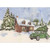Vintage Green Car with Tree on Roof Parked by Wintry Cabin Christmas Card