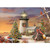 Winter Lighthouse, Decorated Evergreen Trees and Cardinal Deluxe Glitter Alan Giana Nautical Christmas Card