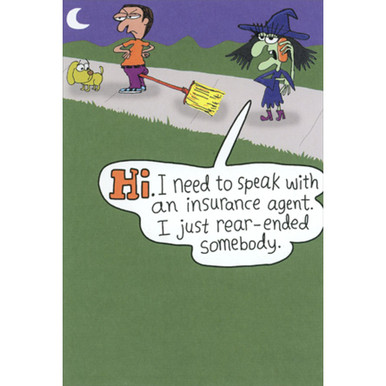 Funny Halloween Card - Witch Broom Accident Insurance Joke With Glitter & Purple Foil