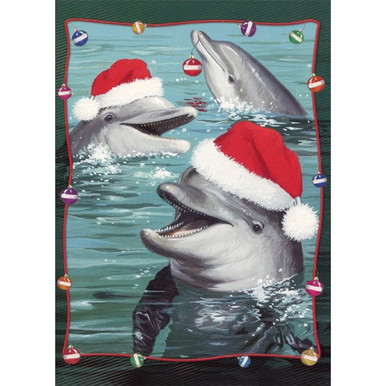 Designer Greetings Red Farm Studio - Boxed Christmas Cards Nautical/Coastal Design; Jolly Dolphins in Santa Hats