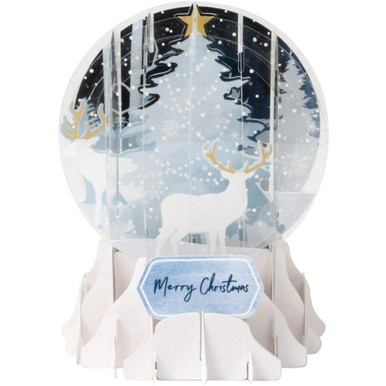 White Evergreen Tree and Deer Pop-Up Snow Globe Christmas Card