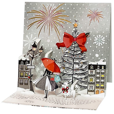 Pictura Woman with Red Umbrella and Poodle on Cobblestone 6 1/4 Inches Tall 3D Pop-Up Christmas Card