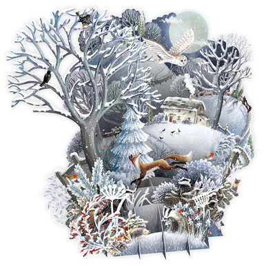 Silent Night: Woodland Creatures in Snowy Forest Near Farmhouse on