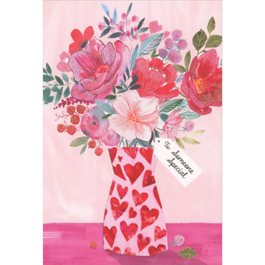 Sparkling Flowers in Pink Vase with Red Hearts Valentine's Day Card for ...
