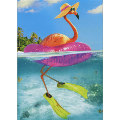 Flamingo Wearing Flippers and Floating in Pink Inner Tube Funny