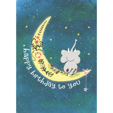 Stargazing Elephant Sitting on Crescent Moon Birthday Card