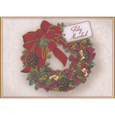 Feliz Navidad Berry Wreath with Large Red Ribbon Box of 18 Spanish