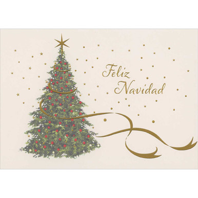 Feliz Navidad Evergreen Tree with Gold Star and Swirling Gold