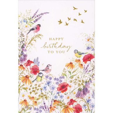 Four Small Watercolor Birds Perched on Colorful Flowers Birthday Card ...