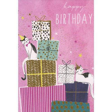 Two White Cats Wearing Party Hats on Present Stack Feminine Birthday ...