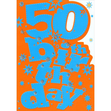 Large Blue Letters on Orange Die Cut Age 50 / 50th Birthday Card ...