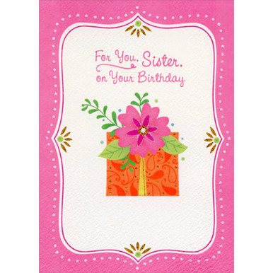 Designer Greetings Four Pink Flowers in Light Yellow Square Frame Birthday Card for Sister, Size: 5.25 x 7.5