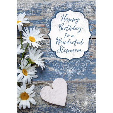 5 Daisies and Wooden Heart Birthday Card for Stepmom | PaperCards.com