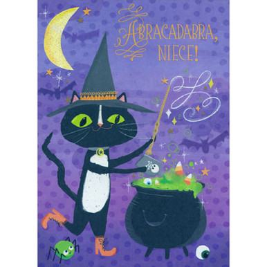 Black Cat Mixing Potion in Cauldron Juvenile Halloween Card for
