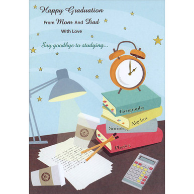 Alarm Clock, Books, Desk Lamp, Coffee Cups and Papers Graduation Congratulations Card from Mom and Dad | PaperCards.com Alarm Clock, Books, Desk Lamp, Coffee Cups and Papers Graduation Congratulations Card from Mom and Dad | PaperCards.com