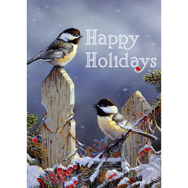 Birds of a Father  “Winter Holiday” Sunny Chickadees in Winter Bird Christmas Card | PaperCards.com