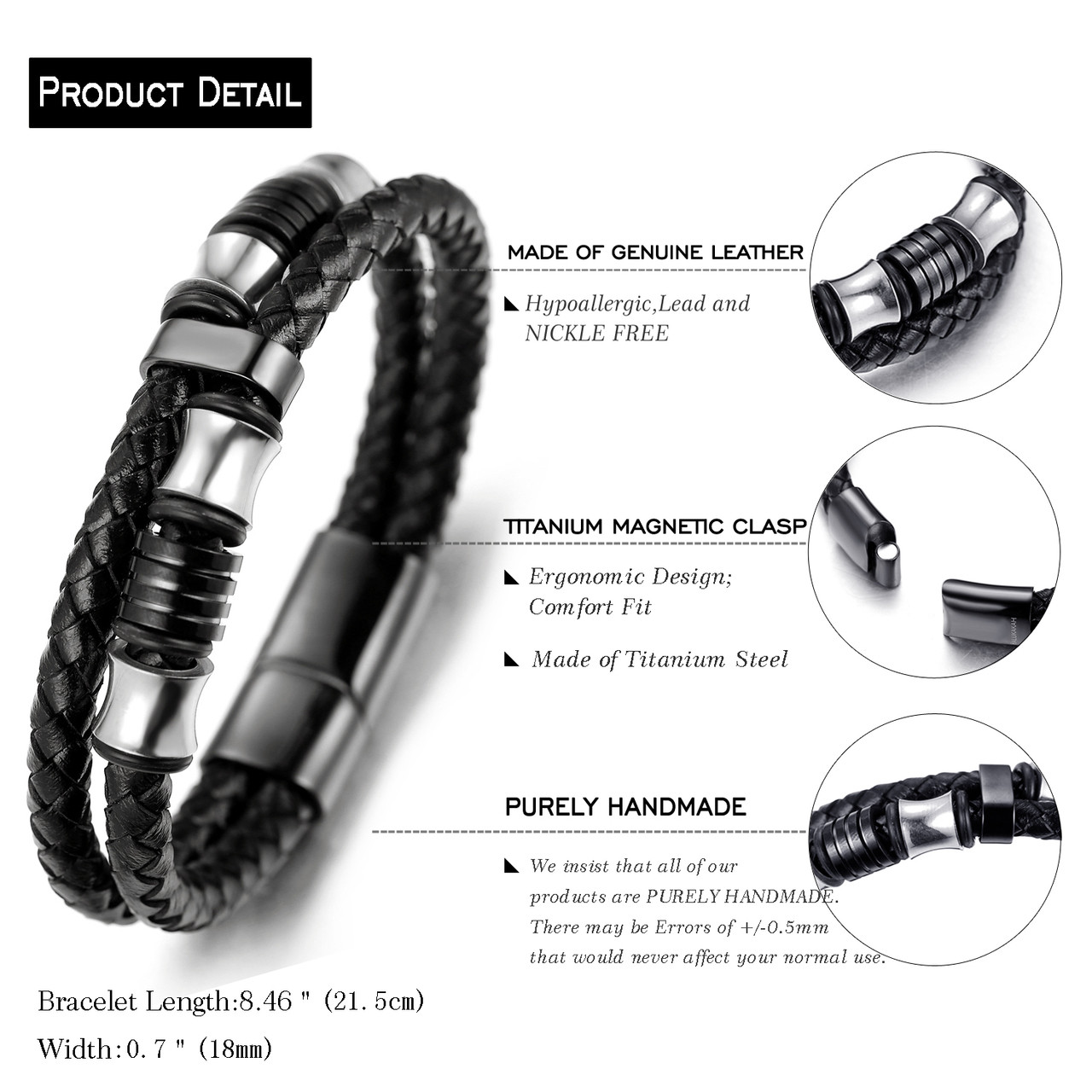 ANAZOZ Stainless Steel 7 8 9 Inches 6mm Leather Bracelet Black Mens Jewelry