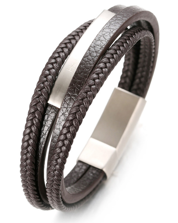 Halukakah "JAZZ" Men's Genuine Leather Handmade Bracelet 4 Wrap Titanium Magnetic Clasp Brown Leather Silver Clasp 8.5"(21.5cm) with FREE Giftbox
