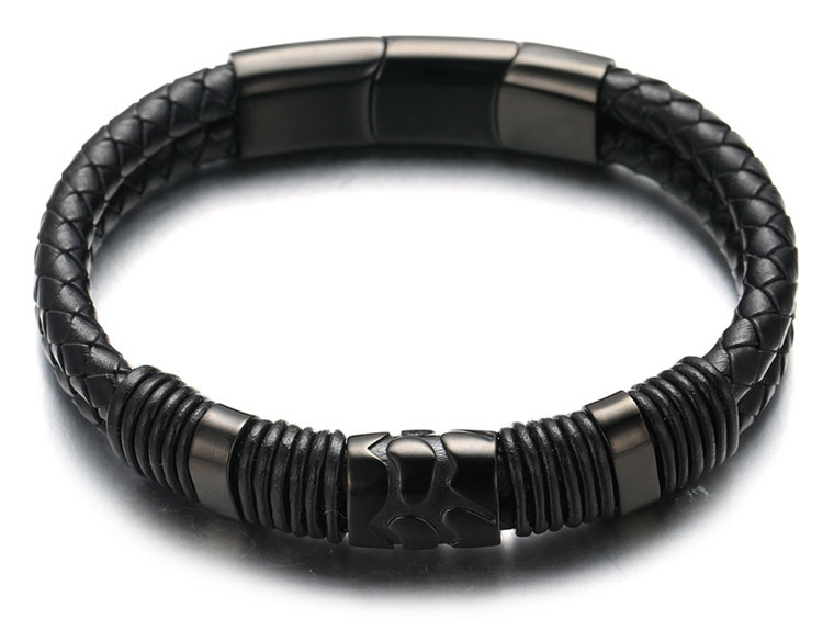 Halukakah Plus "Volcano" Men's Genuine Leather Bracelet All Black with Titanium Magnetic Clasp Size Adjustable 8.5"-9"(21.5-23cm) with Free Giftbox