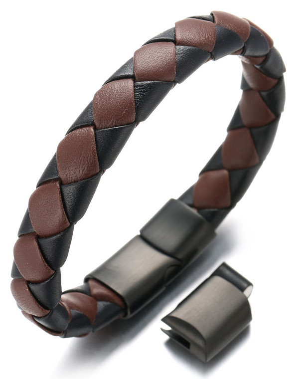 Halukakah Plus "Tango" Men's Genuine Leather Handmade Bracelet Braid Brown & Black Check Titanium Magnetic Clasp 8.5"-9"(21.5-23cm) with Free Giftbox