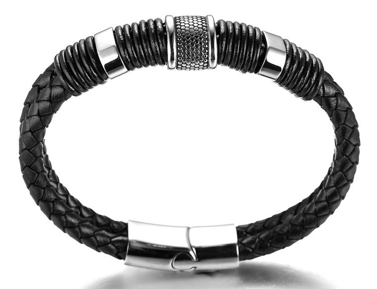 Halukakah Kids "Solo Junior" Boy's Genuine Leather Bracelet 6-12 Y/O. Titanium Magnetic Clasp Black & Silver 7"/18cm with FREE GIftbox