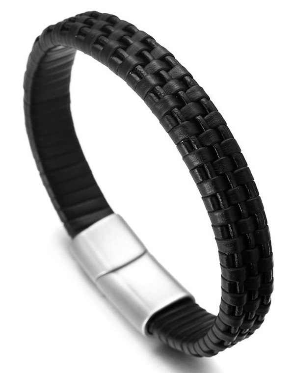 Halukakah "Tokyo" Men's Genuine Leather Black Bracelet Handmade Brick Pattern Titanium Magnetic Clasp 8.5"(21.5cm) with Free Giftbox