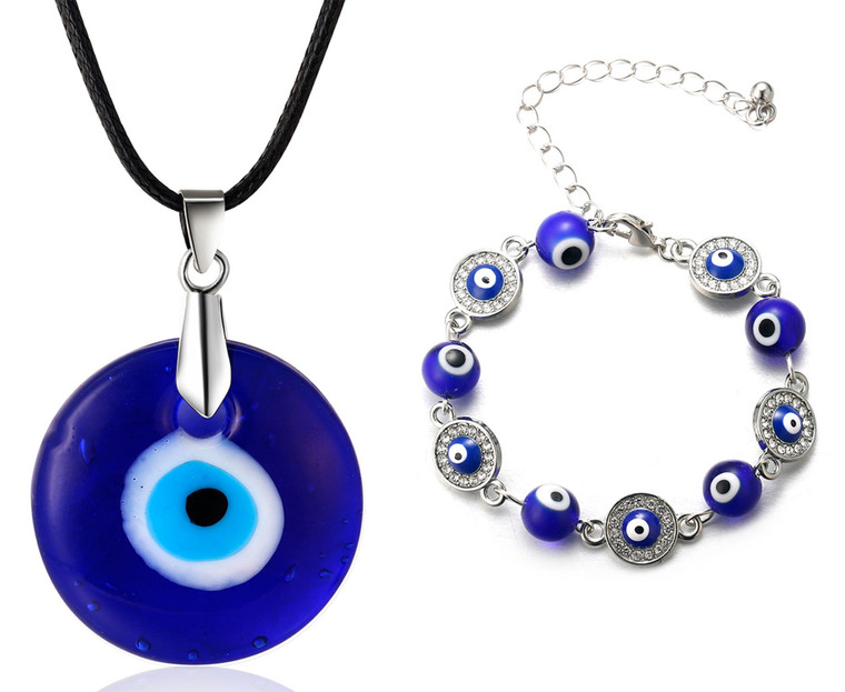 Halukakah Evil Eye Necklace Bracelet Set for Women Men,Sapphire Resin Blue Eye Pendant Wax Rope Platinum Plated Stone Beads Handmade Protection Mal de Ojo Jewelry with Free Giftbox