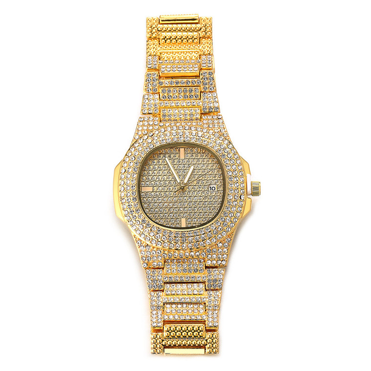 Halukakah Diamond Gold Watch Iced Out,Men's 18k Real Gold/Platinum White Gold Plated Quartz Wristband 9.5",with Cuban Link Chain 8"+18" Necklace Bracelet Set,Full Cz Diamonds,Free Giftbox