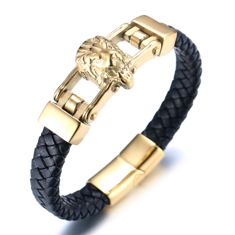 HALUKAKAH Gold Bracelet for Men, Solid 24k Gold Plated Titanium Steel Lion Head Hollow Design Wild Animal Viking Handmade Leather Bracelet Magnetic Clasp 21.5cm, Free Giftbox