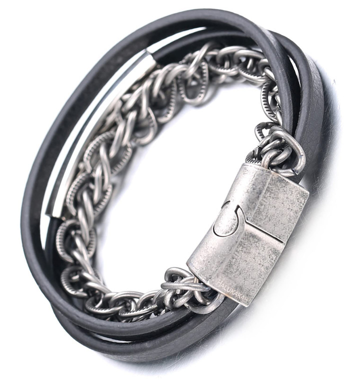 HALUKAKAH Bracelets for Men Vikings, Solid Distressed Silver Retro Titanium Steel Chain Cross Double Handmade Black Leather Bracelet Magnetic Clasp 21.5cm, Free Giftbox