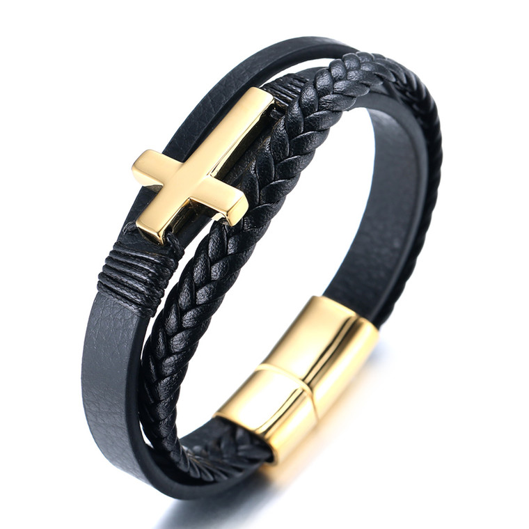 HALUKAKAH Bracelets for Men Vikings, Solid 24k Gold Plated Titanium Steel Cross Triple Handmade Black Leather Bracelet Magnetic Clasp 21.5cm, Free Giftbox