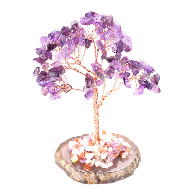 Halukakah Crystal Tree HEALTH Feng Shui Amethyst Quartz Authentic Gemstone Tree of life Hand-wrapped Copper Wire Branches Agate Base Singing Bowl Blessed 10cm Tall