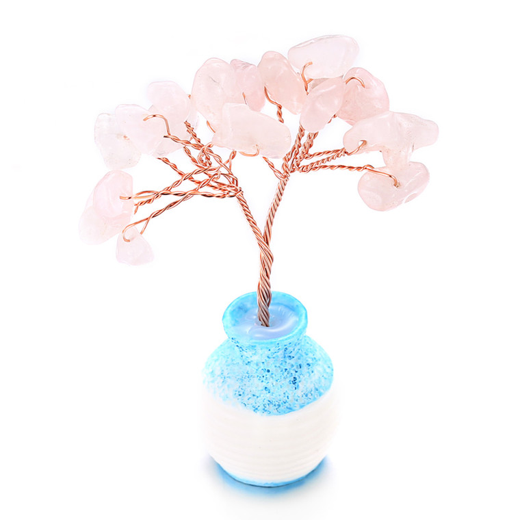 Halukakah Crystal Tree Mini Size LOVE Feng Shui Pink Quartz Authentic Gemstone Tree of life Hand-wrapped Copper Wire Branches Agate Base Singing Bowl Blessed 6cm Tall