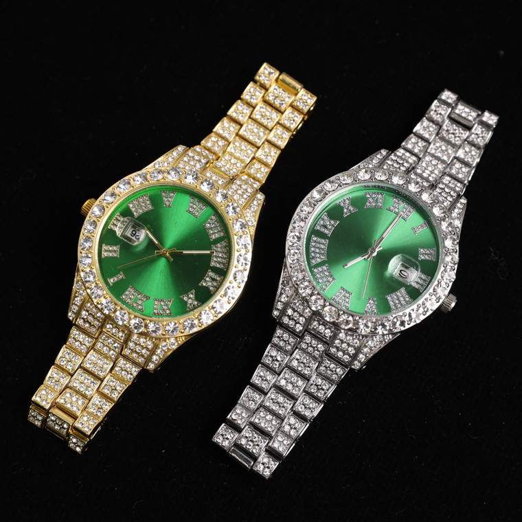 Halukakah Diamonds Gold Watch Iced Out,Men's 18K Real Gold/Platinum White Gold Plated 42MM Width Green Dial Quartz Wristband 9.5" with Cuban Link Chain 8"+18" Necklace Bracelet,Free Giftbox