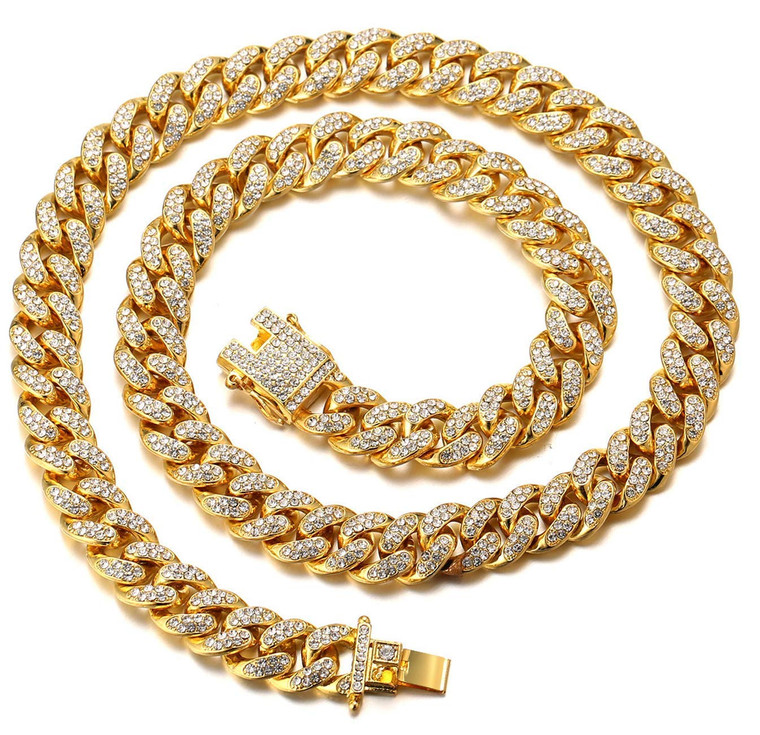 Halukakah Gold Chain Iced Out for Men,Men's 14MM Miami Cuban Link Chain Choker Necklace 18In(45cm) in 18kt Real Gold Plated,Full Cz Diamond Cut Prong Set,Gift for Him (ASIN: B07PF67MLK, Color: 14MM Gold Plated Necklace)