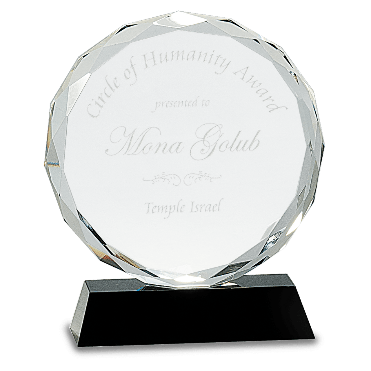 Round Facet Crystal on Black Pedestal Base