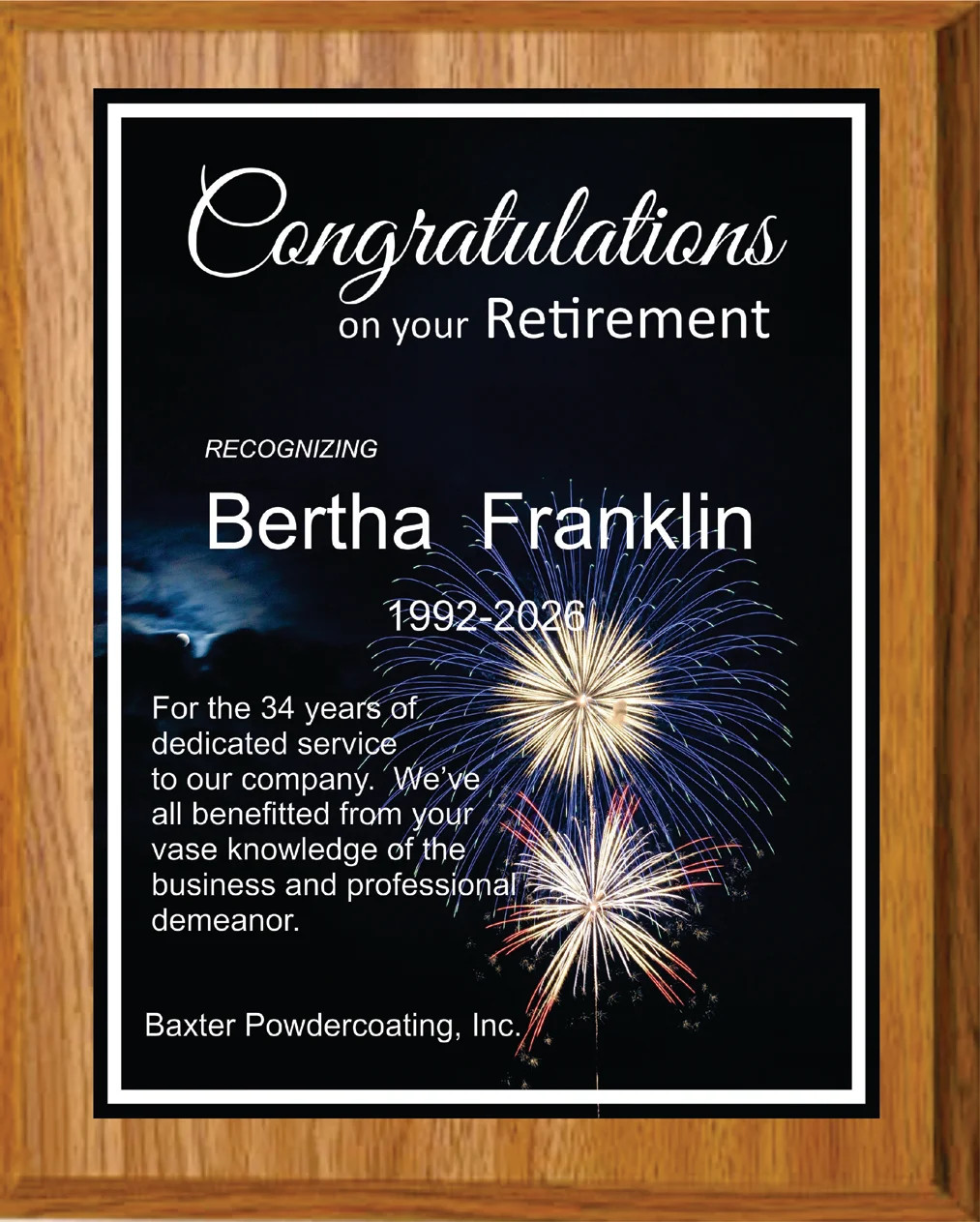 Oak Retirement Plaque