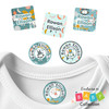 Waterproof baby clothing labels with playful monkeys on teal jungle backgrounds for daycare clothes and infant items