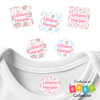 High-quality Cottage Rose personalized iron on clothing labels on a t-shirt. Laundry-safe identification for daycare outfits.