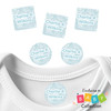 Waterproof baby clothing labels with elegant toile patterns and baby imagery in light blue for daycare clothes and infant items