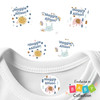 Waterproof baby clothing labels with beautiful rainbow patterns in blues pinks and golds featuring bunnies stars and elephants for daycare clothes and infant items