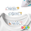 Rainbow Dreams baby clothing label with cheerful rainbow and cloud design for daycare
