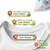 Little Lion King iron-on clothing labels on baby onesie for daycare and nursery organization