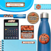 Basketball personalized name labels on water bottle, notebook, and pen