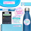 Clouds school name labels for calculator, pen, and water bottle