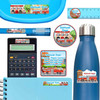 Fire Trucks personalized school name labels on calculator, lunch container, and water bottle