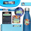 Galaxy school name labels for notebook, lunch container, and calculator