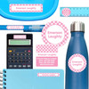 Gingham personalized school name labels for calculator, water bottle, and notebook
