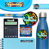 Graffiti personalized name labels on water bottle, notebook, and calculator