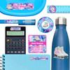 Ice Skating personalized school name labels on ruler, lunch container, and calculator